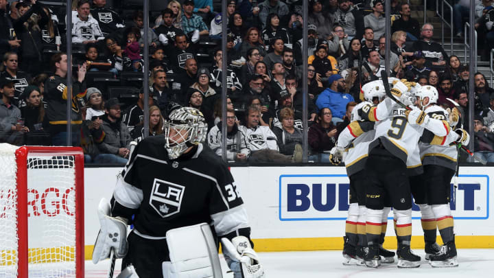 LOS ANGELES, CA – OCTOBER 13: The Vegas Golden Knights celebrate a second-period goal by Paul Stastny #26 as goaltender Jonathan Quick #32 of the Los Angeles Kings reacts during the second period of the game at STAPLES Center on October 13, 2019 in Los Angeles, California. (Photo by Juan Ocampo/NHLI via Getty Images)
