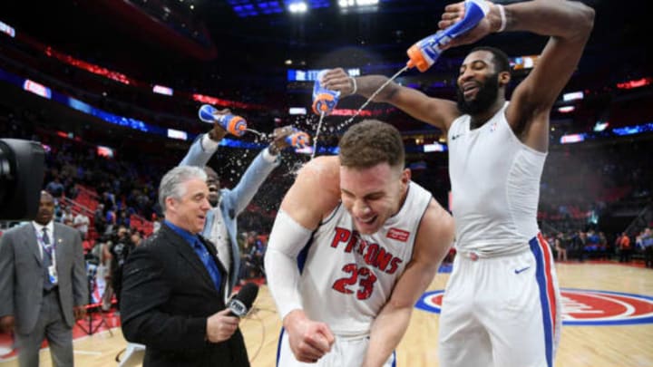 DETROIT, MI – FEBRUARY 1: Blake Griffin #23, Reggie Jackson #1, and Andre Drummond #0 of the Detroit Pistons celebrate after the game against the Memphis Grizzlies on February 1, 2018 at Little Caesars Arena in Detroit, Michigan. NOTE TO USER: User expressly acknowledges and agrees that, by downloading and/or using this photograph, User is consenting to the terms and conditions of the Getty Images License Agreement. Mandatory Copyright Notice: Copyright 2018 NBAE (Photo by Chris Schwegler/NBAE via Getty Images)