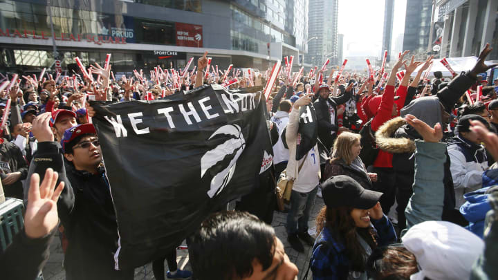 Apr 15, 2017; Toronto, Ontario, CAN; A general view of fans gathered in the area outside of the Air Canada Centre known as Jurassic Park prior to game one of the first round of the 2017 NBA Playoffs between the Milwaukee Bucks and Toronto Raptors. Mandatory Credit: John E. Sokolowski-USA TODAY Sports