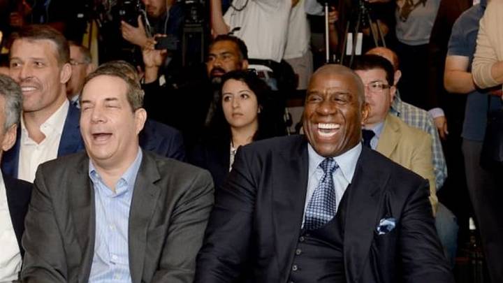 Oct 30, 2014; Los Angeles, CA, USA; Earvin "Magic" Johnson, minority owner for the new Los Angeles Football Club soccer team, is introduced to the media during a press conference at Siren Studios. Mandatory Credit: Jayne Kamin-Oncea-USA TODAY Sports