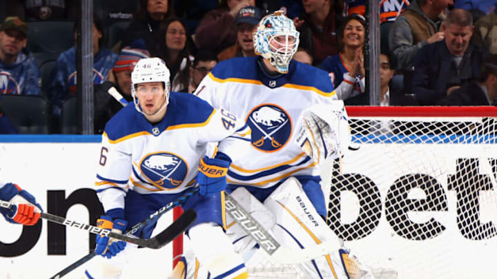 ELMONT, NEW YORK - MARCH 07: Ilya Lyubushkin #46 of the Buffalo Sabres skates against the New York Islanders at the UBS Arena on March 07, 2023 in Elmont, New York. (Photo by Bruce Bennett/Getty Images)