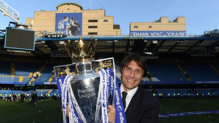 LONDON, ENGLAND - MAY 21: Antonio Conte, Manager of Chelsea poses with the Premier League Trophy after the Premier League match between Chelsea and Sunderland at Stamford Bridge on May 21, 2017 in London, England. (Photo by Darren Walsh/Chelsea FC via Getty Images)