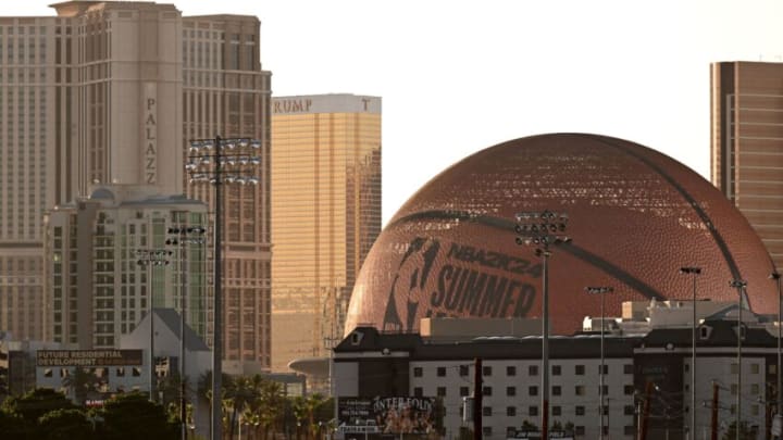 The MSG Sphere lit up as a basketball to celebrate the 2023 NBA Summer League in Las Vegas, Nevada, on July 9, 2023. (Photo by Patrick T. Fallon / AFP) (Photo by PATRICK T. FALLON/AFP via Getty Images)