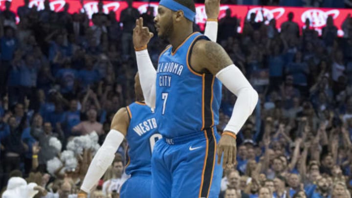 OKLAHOMA CITY, OK – OCTOBER 19: Carmelo Anthony #7 of the OKC Thunder reacts after scoring two points against the New York Knicks during the first half of a NBA game at the Chesapeake Energy Arena on October 19, 2017 in Oklahoma City, Oklahoma. (Photo by J Pat Carter/Getty Images)
