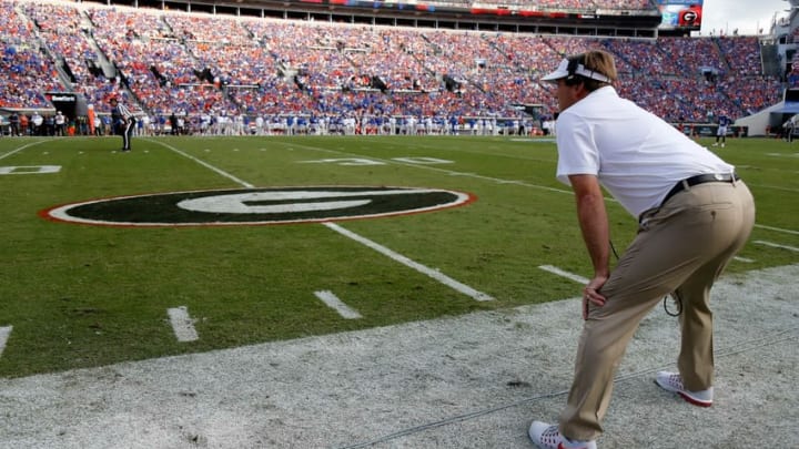 Oct 29, 2016; Jacksonville, FL, USA; Georgia football head coach Kirby Smart looks on against the Florida Gators during the first half at EverBank Field. Mandatory Credit: Kim Klement-USA TODAY Sports