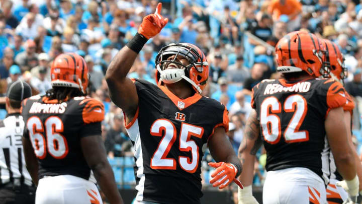 CHARLOTTE, NC - SEPTEMBER 23: Giovani Bernard #25 of the Cincinnati Bengals celebrates after scoring a touchdown against the Carolina Panthers during their game at Bank of America Stadium on September 23, 2018 in Charlotte, North Carolina. (Photo by Grant Halverson/Getty Images)
