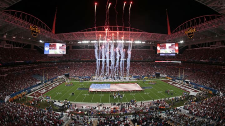 MIAMI GARDENS, FL - DECEMBER 29: The National Anthem is played prior to the College Football Playoff Semifinal at the Capital One Orange Bowl between the Alabama Crimson Tide and the Oklahoma Sooners at Hard Rock Stadium on December 29, 2018 in Miami Gardens, Florida. (Photo by Joel Auerbach/Getty Images)
