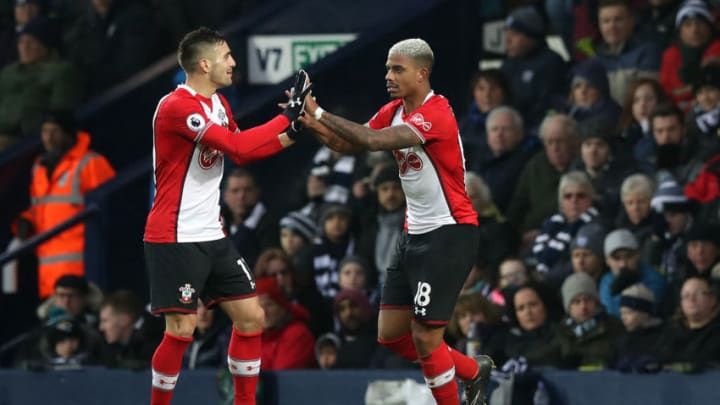WEST BROMWICH, ENGLAND – FEBRUARY 03: Mario Lemina of Southampton celebrates with Dusan Tadic of Southampton during the Premier League match between West Bromwich Albion and Southampton at The Hawthorns on February 3, 2018 in West Bromwich, England. (Photo by Lynne Cameron/Getty Images)