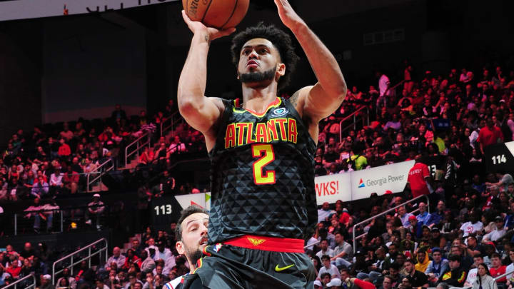 ATLANTA, GA – APRIL 10: Tyler Dorsey #2 of the Atlanta Hawks goes to the basket against the Philadelphia 76ers on April 10, 2018 at Philips Arena in Atlanta, Georgia. NOTE TO USER: User expressly acknowledges and agrees that, by downloading and/or using this Photograph, user is consenting to the terms and conditions of the Getty Images License Agreement. Mandatory Copyright Notice: Copyright 2018 NBAE (Photo by Scott Cunningham/NBAE via Getty Images)