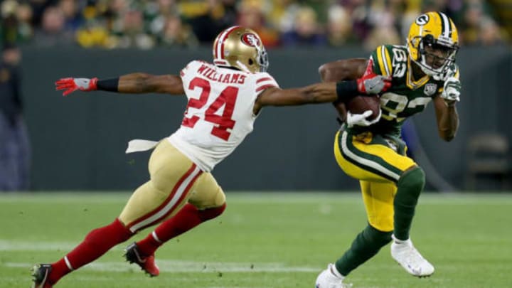 GREEN BAY, WI – OCTOBER 15: Marquez Valdes-Scantling #83 of the Green Bay Packers runs with the ball against K’Waun Williams #24 of the San Francisco 49ers in the fourth quarter at Lambeau Field on October 15, 2018 in Green Bay, Wisconsin. (Photo by Dylan Buell/Getty Images)