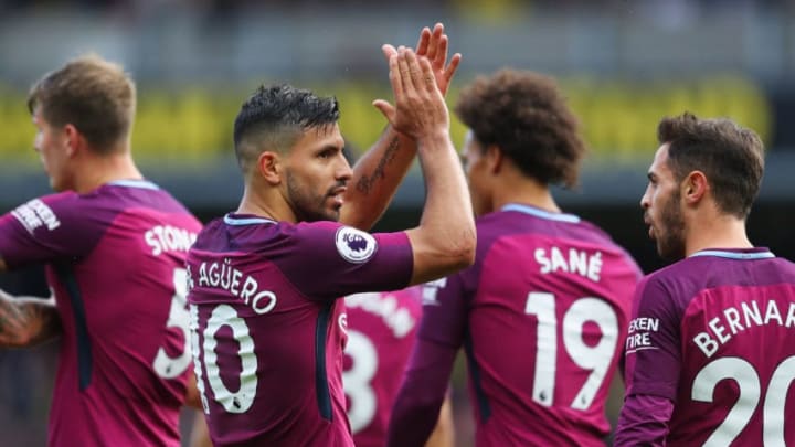 WATFORD, ENGLAND - SEPTEMBER 16: Sergio Aguero of Manchester City celebrates scoring his sides fifth goal during the Premier League match between Watford and Manchester City at Vicarage Road on September 16, 2017 in Watford, England. (Photo by Richard Heathcote/Getty Images)