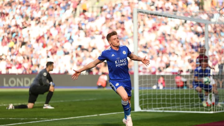 LONDON, ENGLAND - APRIL 20: Harvey Barnes of Leicester City celebrates after scoring his team's second goal during the Premier League match between West Ham United and Leicester City at London Stadium on April 20, 2019 in London, United Kingdom. (Photo by Jordan Mansfield/Getty Images)