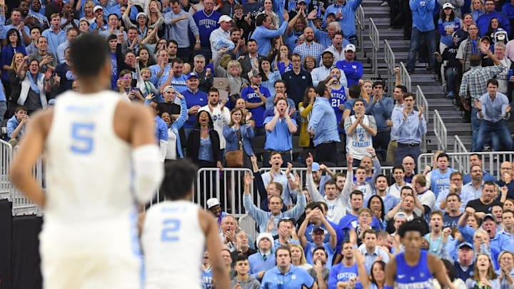 Dec 17, 2016; Las Vegas, NV, USA; Fans of the Kentucky Wildcats and North Carolina Tar Heels cheer during the final minutes of a game at T-Mobile Arena. Kentucky won the game 103-100. Mandatory Credit: Stephen R. Sylvanie-USA TODAY Sports