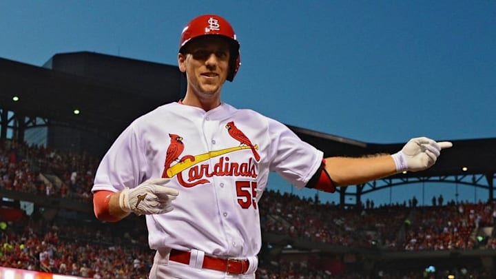 Jul 15, 2016; St. Louis, MO, USA; St. Louis Cardinals right fielder Stephen Piscotty (55) reacts after hitting a solo home run off of Miami Marlins starting pitcher Wei-Yin Chen (not pictured) during the fourth inning at Busch Stadium. Mandatory Credit: Jeff Curry-USA TODAY Sports