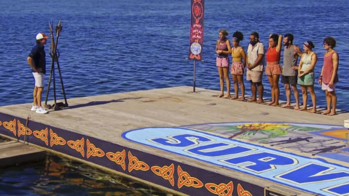 “I’m Not Worthy” – Castaways must keep their heads above water in the immunity challenge to be guaranteed a spot in the final six. Then, it’s a mad dash before tribal council as castaways must decide who to target on SURVIVOR, Wednesday, May 10 (8:00-9:00 PM, ET/PT) on the CBS Television Network, and available to stream live and on demand on Paramount+. Pictured (L-R): Jeff Probst, Carolyn Wiger, Lauren Harpe, Yamil “Yam Yam” Arocho, Jaime Lynn Ruiz, Danny Massa, Heidi Lagares-Greenblatt, and Carson Garrett. Photo: CBS ©2023 CBS Broadcasting, Inc. All Rights Reserved. Highest quality screengrab available.
