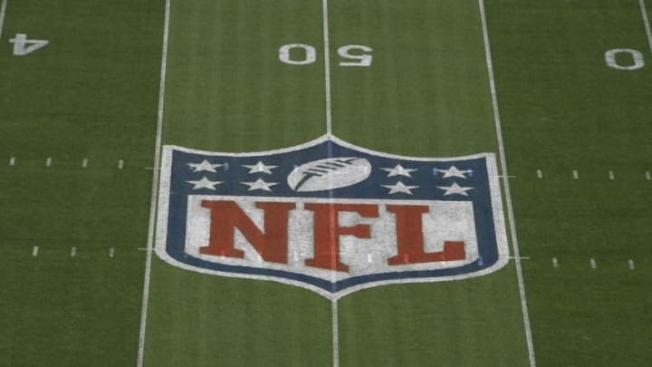 Sep 18, 2016; Los Angeles, CA, USA; General view of NFL shield logo at midfield before the game between the Seattle Seahawks and the Los Angeles Rams at Los Angeles Memorial Coliseum. Mandatory Credit: Kirby Lee-USA TODAY Sports