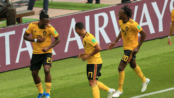 MOSCOW, RUSSIA - JUNE 23: Michy Batshuayi of Belgium (L) celebrates with teammates Dedryck Boyata of Belgium (R) and Yannick Ferreira Carrasco of Belgium (C) after scoring their 5th goal during the 2018 FIFA World Cup Russia Group G match between Belgium and Tunisia at Spartak Stadium on June 23, 2018 in Moscow, Russia. (Photo by Simon Stacpoole/Offside/Getty Images)