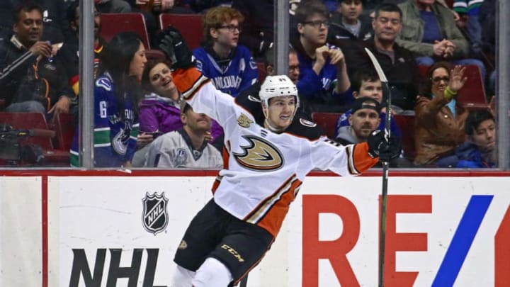 VANCOUVER, BC - MARCH 26: Sam Steel #34 of the Anaheim Ducks celebrates after scoring a hat trick during their NHL game against the Vancouver Canucks at Rogers Arena March 26, 2019 in Vancouver, British Columbia, Canada. (Photo by Jeff Vinnick/NHLI via Getty Images)