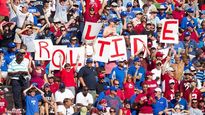 DURHAM, NC - SEPTEMBER 18: Alabama Crimson Tide fans spell out 'Roll Tide' after their team scored a touchdown against the Duke Blue Devils at Wallace Wade Stadium on September 18, 2010 in Durham, North Carolina. The Crimson Tide defeated the Blue Devils 62-13. (Photo by Brian A. Westerholt/Getty Images) DURHAM, NC - SEPTEMBER 18: Alabama Crimson Tide fans spell out 'Roll Tide' after their team scored a touchdown against the Duke Blue Devils at Wallace Wade Stadium on September 18, 2010 in Durham, North Carolina. The Crimson Tide defeated the Blue Devils 62-13. (Photo by Brian A. Westerholt/Getty Images)