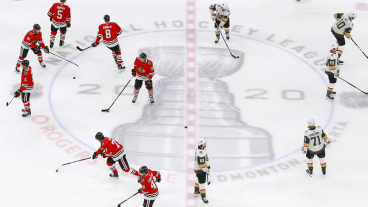 The Chicago Blackhawks skate against the Vegas Golden Knights in warm-ups prior to Game Four of the Western Conference First Round during the 2020 NHL Stanley Cup Playoffs. (Photo by Jeff Vinnick/Getty Images)