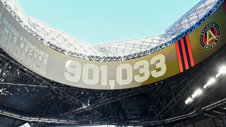 ATLANTA, GA OCTOBER 21: The season home attendance number is shown on the overhead video board during the match between Atlanta United and the Chicago Fire on October 21st, 2018 at Mercedes-Benz Stadium in Atlanta, GA. Atlanta United FC defeated the Chicago Fire by a score of 2 to 1. (Photo by Rich von Biberstein/Icon Sportswire via Getty Images)