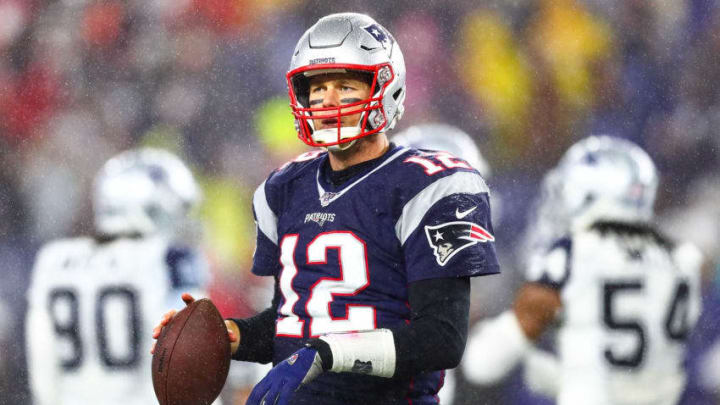 FOXBOROUGH, MA - NOVEMBER 24: Tom Brady #12 of the New England looks on during a game against the Dallas Cowboys at Gillette Stadium on November 24, 2019 in Foxborough, Massachusetts. (Photo by Adam Glanzman/Getty Images)