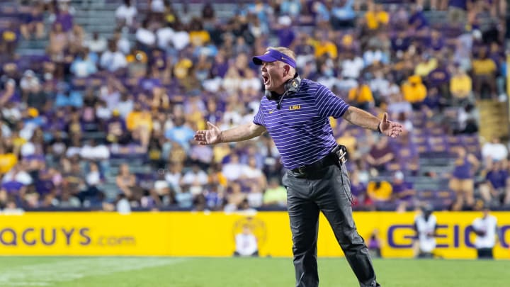 Sep 10, 2022; Baton Rouge, Louisiana, USA; LSU Tigers head coach Brian Kelly reacts during the second half against the Southern Jaguars at Tiger Stadium. Mandatory Credit: Scott Clause-USA TODAY Sports