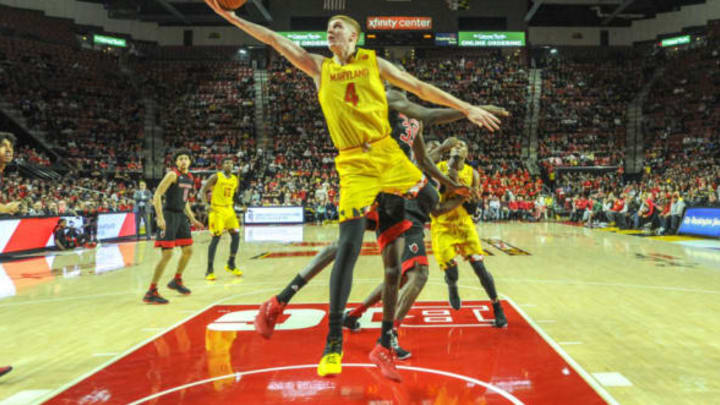 COLLEGE PARK, MD – FEBRUARY 17: Maryland Terrapins guard Kevin Huerter (4) scores in the second half against the Rutgers Scarlet Knights on February 17, 2018, at Xfinity Center in College Park, MD. The Maryland Terrapins defeated the Rutgers Scarlet Knights, 61-51. (Photo by Mark Goldman/Icon Sportswire via Getty Images)