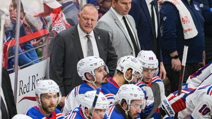 Apr 2, 2023; Washington, District of Columbia, USA; New York Rangers head coach Gerard Gallant looks down the bench during the second period against the Washington Capitals at Capital One Arena. Mandatory Credit: Tommy Gilligan-USA TODAY Sports