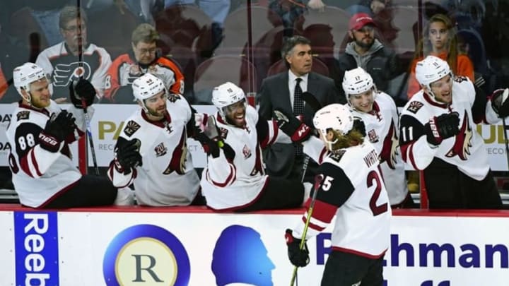 Oct 27, 2016; Philadelphia, PA, USA; Arizona Coyotes center Ryan White (25) celebrates with his teammates after scoring a goal against Philadelphia Flyers during the third period at Wells Fargo Center. The Coyotes defeated the Flyers, 5-4. Mandatory Credit: Eric Hartline-USA TODAY Sports