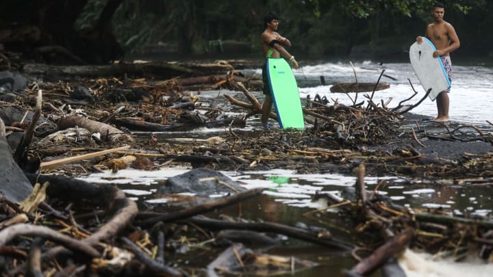 Bodyboarders wait to enter the ocean near the remains of trees destroyed by flooding from the former Hurricane Lane at Honoli’i Beach Park on August 26, 2018 in Hilo, Hawaii. Flooding carried the trees down the mountainside into the ocean where they eventually washed ashore onto the beach. (Photo by Mario Tama/Getty Images)