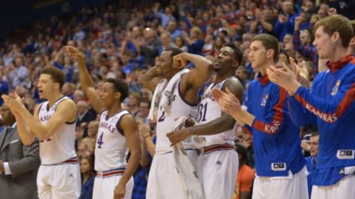 Feb 2, 2015; Lawrence, KS, USA; The Kansas Jayhawks players celebrate from the bench after scoring during the second half against the Iowa State Cyclones at Allen Fieldhouse. The Jayhawks won 89-76. Mandatory Credit: Denny Medley-USA TODAY Sports