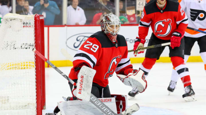 NEWARK, NJ - JANUARY 12: New Jersey Devils goaltender Mackenzie Blackwood (29) during the third period of the National Hockey League game between the New Jersey Devils and the Philadelphia Flyers on January 12, 2019 at the Prudential Center in Newark, NJ. (Photo by Rich Graessle/Icon Sportswire via Getty Images)
