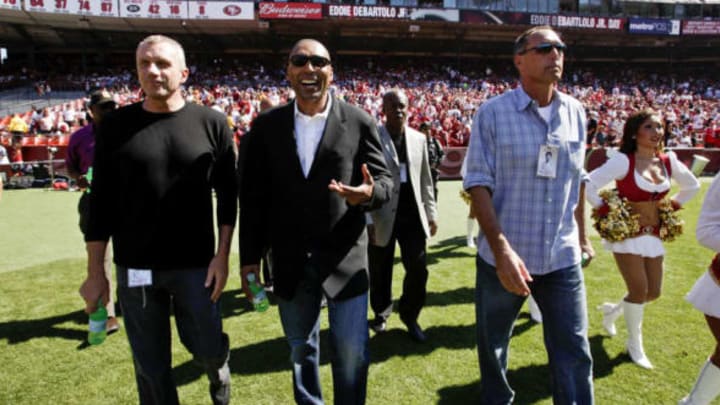 SAN FRANCISCO – SEPTEMBER 20: (L-R) Former San Francisco 49ers Joe Montana, Roger Craig and Dwight Clark walk onto the field for a half time presentation during home opener as the San Francisco 49ers host the Seattle Seahawks at Candlestick Park September 20, 2009 in San Francisco, California. (Photo by David Paul Morris/Getty Images)