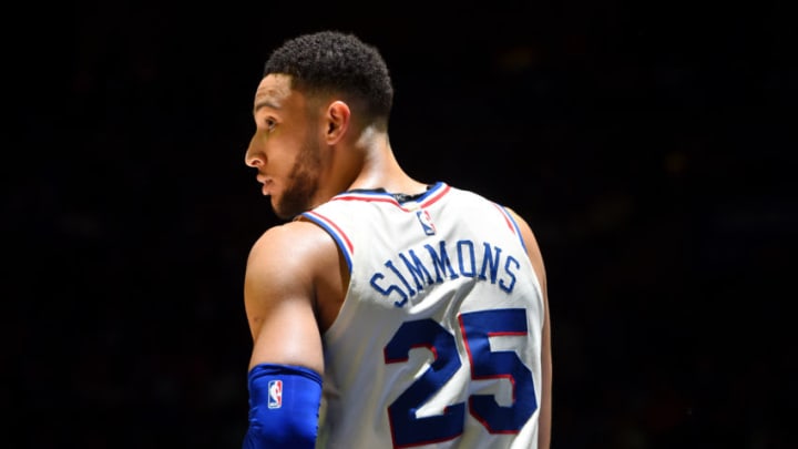 PHILADELPHIA, PA - APRIL 24: Ben Simmons #25 of the Philadelphia 76ers looks on during the game against the Miami Heat in Game Five of Round One of the 2018 NBA Playoffs on April 24, 2018 at Wells Fargo Center in Philadelphia, Pennsylvania. NOTE TO USER: User expressly acknowledges and agrees that, by downloading and or using this photograph, User is consenting to the terms and conditions of the Getty Images License Agreement. Mandatory Copyright Notice: Copyright 2018 NBAE (Photo by Jesse D. Garrabrant/NBAE via Getty Images)