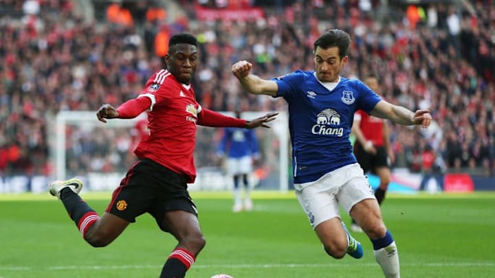 LONDON, ENGLAND - APRIL 23: Tim Fosu-Mensah of Manchester United is challenged by Leighton Baines of Everton during the Emirates FA Cup Semi Final match between Everton and Manchester United at Wembley Stadium on April 23, 2016 in London, England. (Photo by Alex Morton - The FA/The FA via Getty Images)