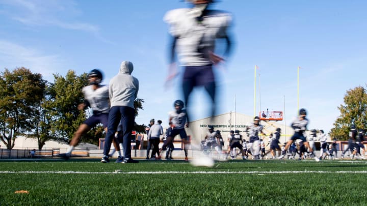 UT Martin football players run drills and stretch during practice on Wednesday, October 19, 2022, at Hardy M. Graham Stadium in Martin, Tenn.