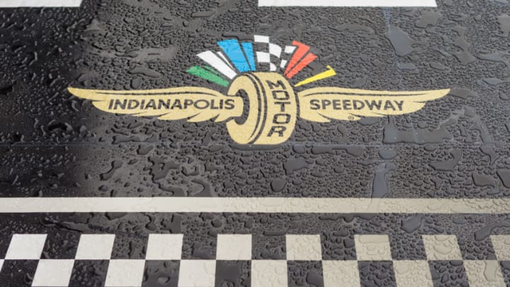 INDIANAPOLIS, IN - SEPTEMBER 09: A detailed view of the Indianapolis Motor Speedway logo covered in rain during a rain delay of the the Big Machine Vodka 400 at The Brickyard Monster Energy NASCAR Cup Series Playoff Race on September 09, 2018 at Indianapolis Motor Speedway in Indianapolis, IN. The race was suspended until 2pm on Monday, September 10th, 2018. (Photo by Adam Lacy/Icon Sportswire via Getty Images)