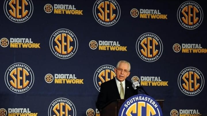 July 17, 2012; Hoover, AL, USA; SEC commissioner Mike Slive speaks at a press conference during the 2012 SEC media days event at the Wynfrey Hotel. Mandatory Credit: Kelly Lambert-USA TODAY Sports