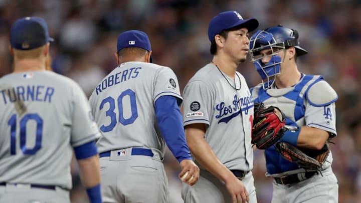 DENVER, COLORADO - JULY 29: Starting pitcher Kenta Maeda #18 of the Los Angeles Dodgers leaves the game in the fifth inning against the Colorado Rockies at Coors Field on July 29, 2019 in Denver, Colorado. (Photo by Matthew Stockman/Getty Images)