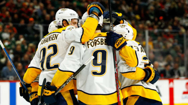 ST. PAUL, MN - NOVEMBER 16: The Nashville Predators celebrate after scoring in the 3rd period during the Central Division game between the Nashville Predators and the Minnesota Wild on November 16, 2017 at Xcel Energy Center in St. Paul, Minnesota. The Wild defeated the Predators 6-4. (Photo by David Berding/Icon Sportswire via Getty Images)