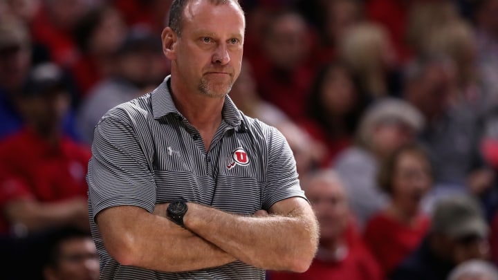 TUCSON, AZ – JANUARY 05: Head coach Larry Krystkowiak of Utah Utes reacts during the first half of the college basketball game against the Arizona Wildcats at McKale Center on January 5, 2017 in Tucson, Arizona. (Photo by Christian Petersen/Getty Images)