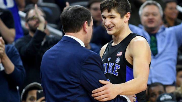 Dec 10, 2016; Las Vegas, NV, USA; Duke Blue Devils guard Grayson Allen (3) is congratulated by head coach Mike Krzyzewski after having a career scoring day against the UNLV Runnin