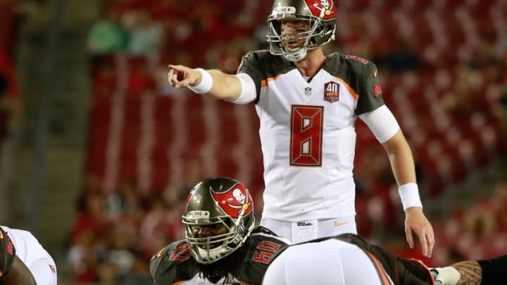Aug 29, 2015; Tampa, FL, USA; Tampa Bay Buccaneers quarterback Mike Glennon (8) calls a play against the Cleveland Browns during the second half at Raymond James Stadium. Cleveland Browns defeated the Tampa Bay Buccaneers 31-7. Mandatory Credit: Kim Klement-USA TODAY Sports