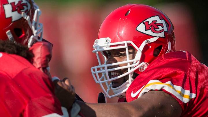 Kansas City Chiefs tackle Jeff Allen (71) works on blocking technique during the team's training camp practice on Sunday, Aug. 2, 2015, at Missouri Western State University in St. Joseph, Mo. (David Eulitt/Kansas City Star/TNS via Getty Images)