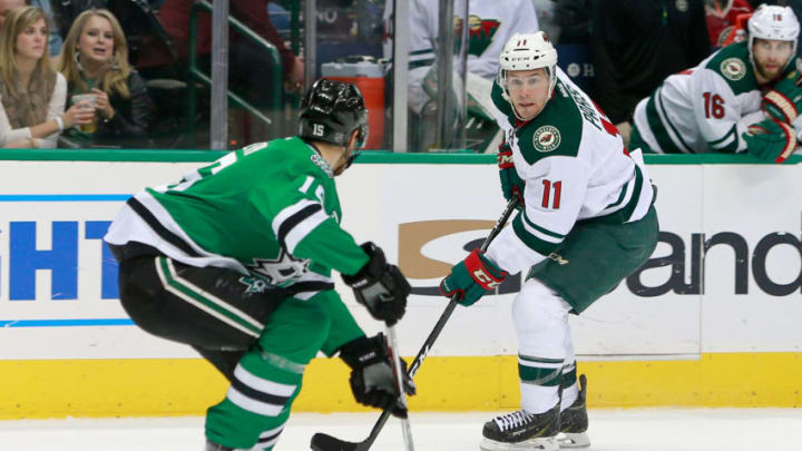 DALLAS, TX - NOVEMBER 21: Minnesota Wild Left Wing Zach Parise (11) attacks the zone with Dallas Stars Defenceman Patrik Nemeth (15) defending during the NHL game between the Minnesota Wild and Dallas Stars on November 21, 2016, at the American Airlines Center in Dallas, TX. Dallas defeats Minnesota 3-2 in overtime. (Photo by Andrew Dieb/Icon Sportswire via Getty Images)
