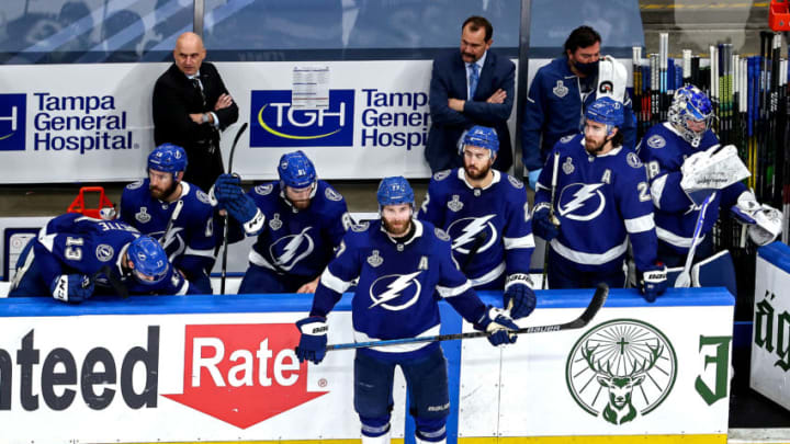 EDMONTON, ALBERTA - SEPTEMBER 19: Victor Hedman #77 of the Tampa Bay Lightning reacts against the Dallas Stars during the third period in Game One of the 2020 NHL Stanley Cup Final at Rogers Place on September 19, 2020 in Edmonton, Alberta, Canada. (Photo by Bruce Bennett/Getty Images)