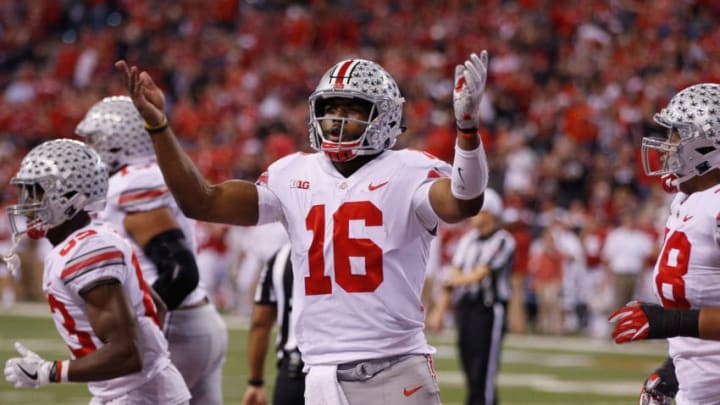 INDIANAPOLIS, IN - DECEMBER 02: Quarterback J.T. Barrett #16 of the Ohio State Buckeyes celebrates scoring a 1-yard touchdown agianst the Wisconsin Badgers during the second quarter of the Big Ten Championship game at Lucas Oil Stadium on December 2, 2017 in Indianapolis, Indiana. (Photo by Joe Robbins/Getty Images)
