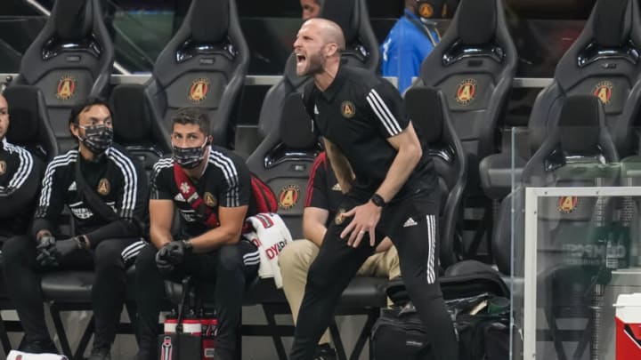 Atlanta United interim coach Rob Valentino reacts against the Columbus Crew during the second half at Mercedes-Benz Stadium. Mandatory Credit: Dale Zanine-USA TODAY Sports