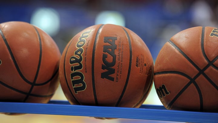 Mar 5, 2016; Lawrence, KS, USA; Basketballs next to the court before the game between the Kansas Jayhawks and Iowa State Cyclones at Allen Fieldhouse. Mandatory Credit: John Rieger-USA TODAY Sports